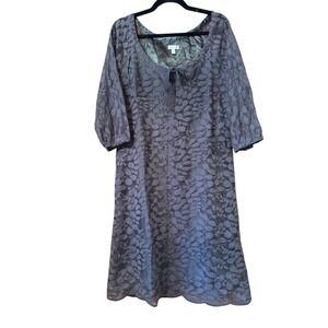 Garnet Hill Gray Floral Lace Overlay Dress Midi Puff Sleeve Size 12